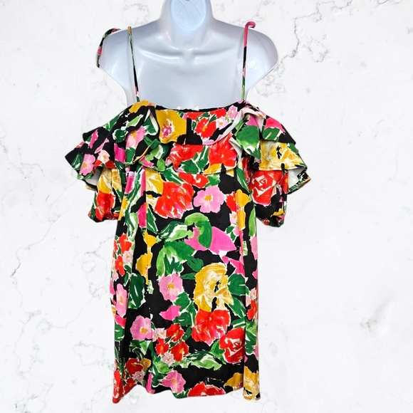 TopShop Bardot Cotton Blend Colorful Floral Ruffle Off the Shoulder Dress - Picture 8 of 9